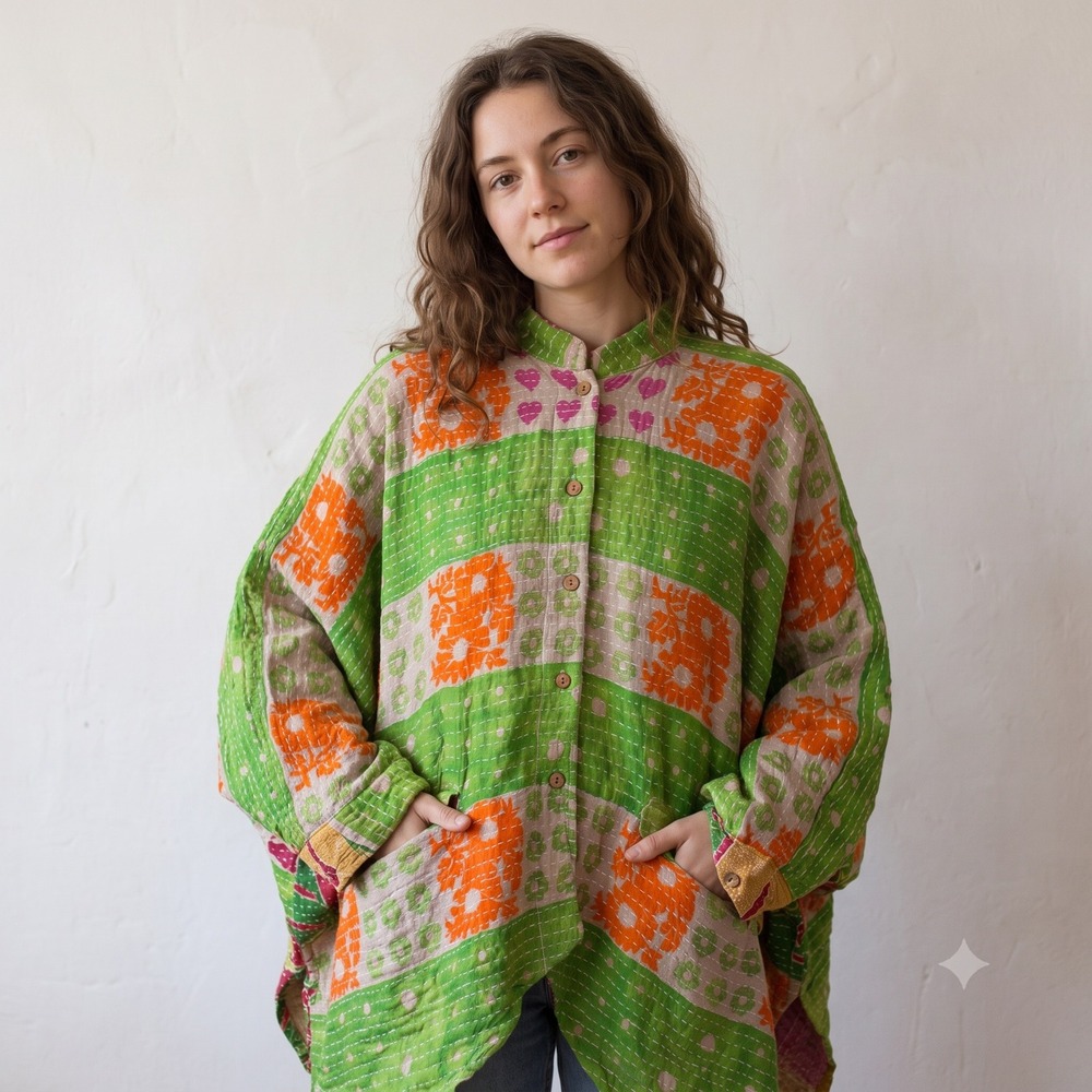 Kantha‎ Bae Womens Jacket Free Size Green Kimono Stitch Oversized Button Up Boho